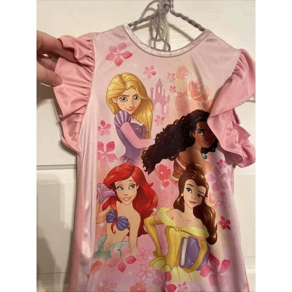 Disney Princesses Sleep Nightgown 5T Pink Ruffle Shoulders Belle Ariel Moana Rap